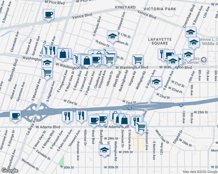 map of restaurants, bars, coffee shops, grocery stores, and more near 2102 Hillcrest Drive in Los Angeles