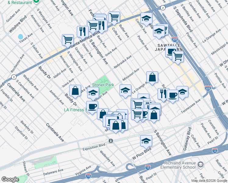 map of restaurants, bars, coffee shops, grocery stores, and more near 1909 Stoner Avenue in Los Angeles
