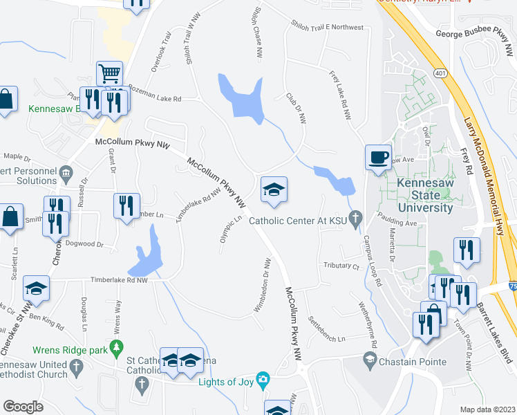 map of restaurants, bars, coffee shops, grocery stores, and more near 3400 McCollum Parkway Northwest in Kennesaw