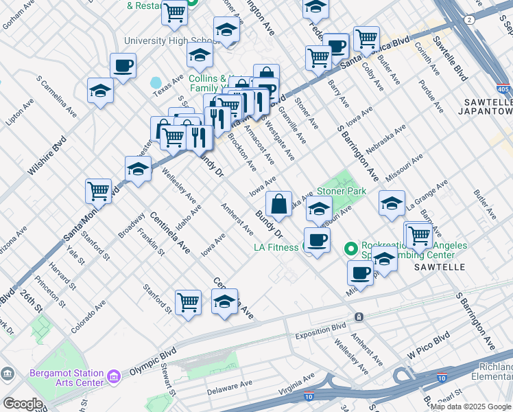 map of restaurants, bars, coffee shops, grocery stores, and more near 1718 South Bundy Drive in Los Angeles
