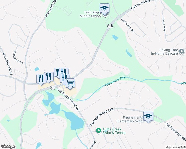 map of restaurants, bars, coffee shops, grocery stores, and more near Binnies Way in Buford