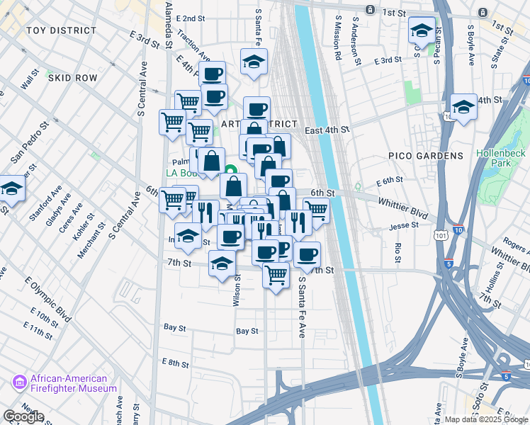 map of restaurants, bars, coffee shops, grocery stores, and more near 1380a East 6th Street in Los Angeles