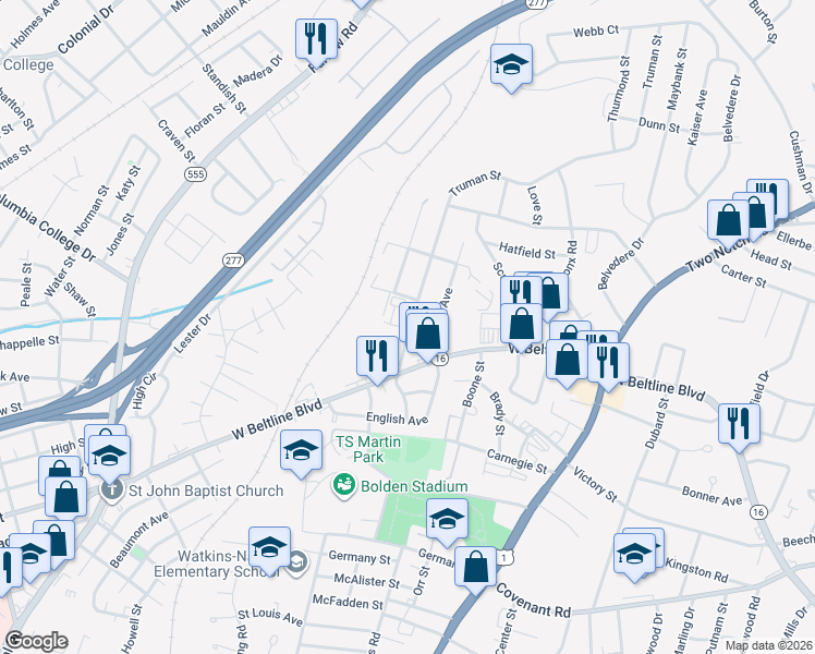 map of restaurants, bars, coffee shops, grocery stores, and more near 2939 Truman Street in Columbia