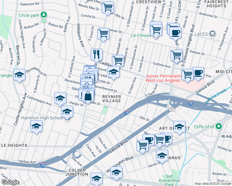 map of restaurants, bars, coffee shops, grocery stores, and more near 2604 Reynier Avenue in Los Angeles