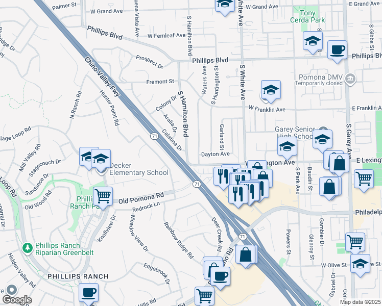 map of restaurants, bars, coffee shops, grocery stores, and more near 1864 South Hamilton Boulevard in Pomona