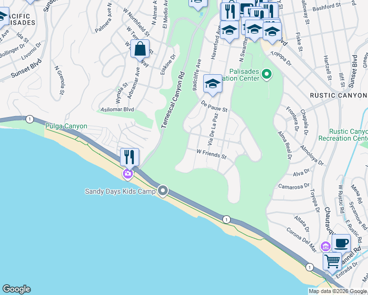 map of restaurants, bars, coffee shops, grocery stores, and more near 365 North Mount Holyoke Avenue in Los Angeles