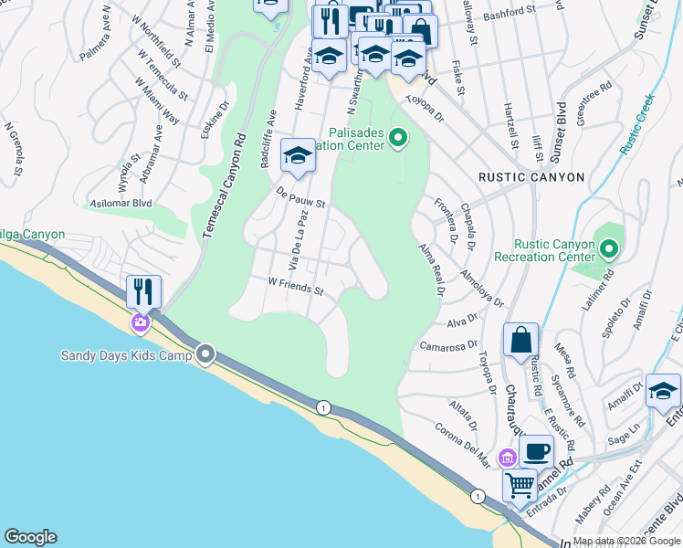 map of restaurants, bars, coffee shops, grocery stores, and more near 15300 Earlham Street in Los Angeles