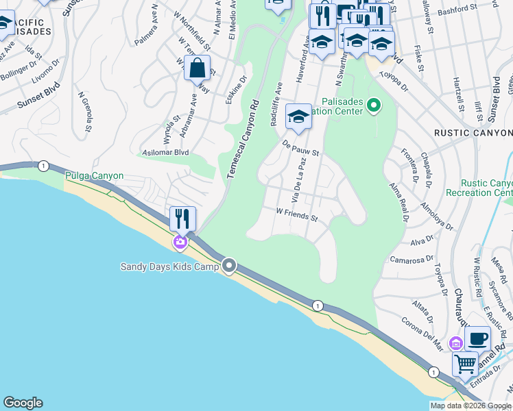 map of restaurants, bars, coffee shops, grocery stores, and more near 365 North Mount Holyoke Avenue in Los Angeles