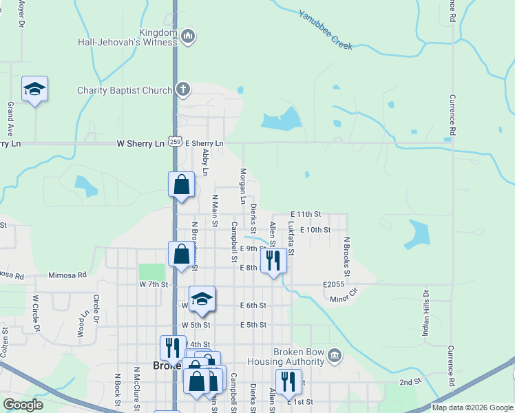 map of restaurants, bars, coffee shops, grocery stores, and more near 1106 Dierks Street in Broken Bow