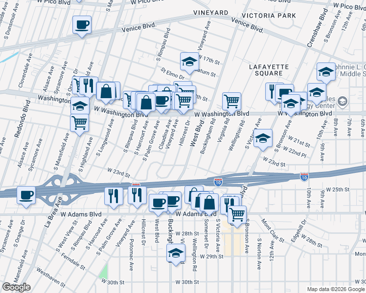 map of restaurants, bars, coffee shops, grocery stores, and more near 2102 Hillcrest Drive in Los Angeles