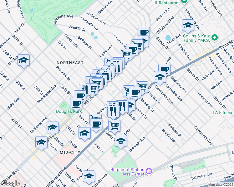 map of restaurants, bars, coffee shops, grocery stores, and more near 1244 Stanford Street in Santa Monica