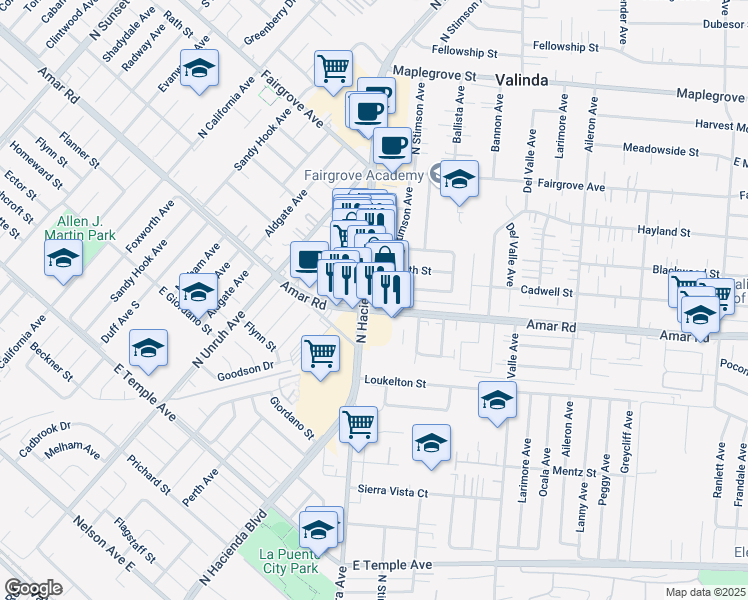 map of restaurants, bars, coffee shops, grocery stores, and more near 1030 North Hacienda Boulevard in La Puente