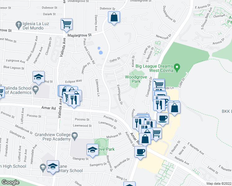 map of restaurants, bars, coffee shops, grocery stores, and more near 1312 Parkside Drive in West Covina