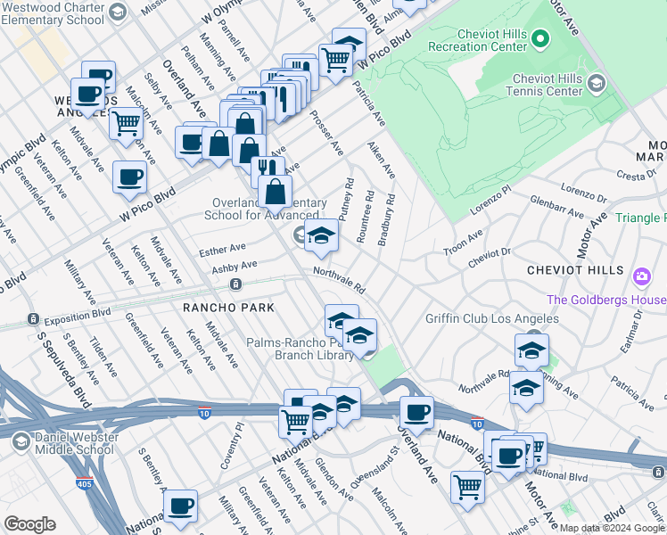 map of restaurants, bars, coffee shops, grocery stores, and more near 10650 Putney Road in Los Angeles