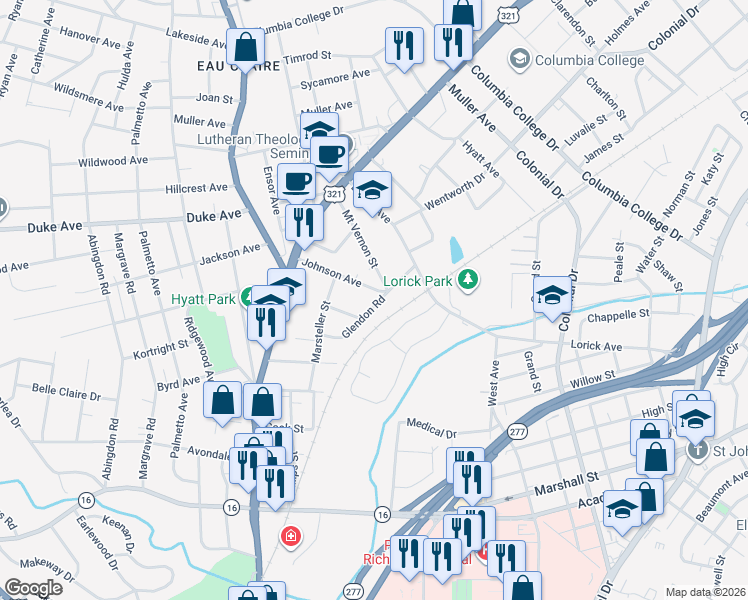 map of restaurants, bars, coffee shops, grocery stores, and more near 1311 Johnson Avenue in Columbia