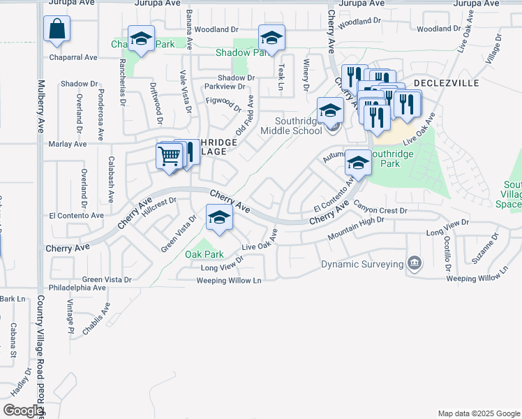 map of restaurants, bars, coffee shops, grocery stores, and more near 14349 El Contento Avenue in Fontana