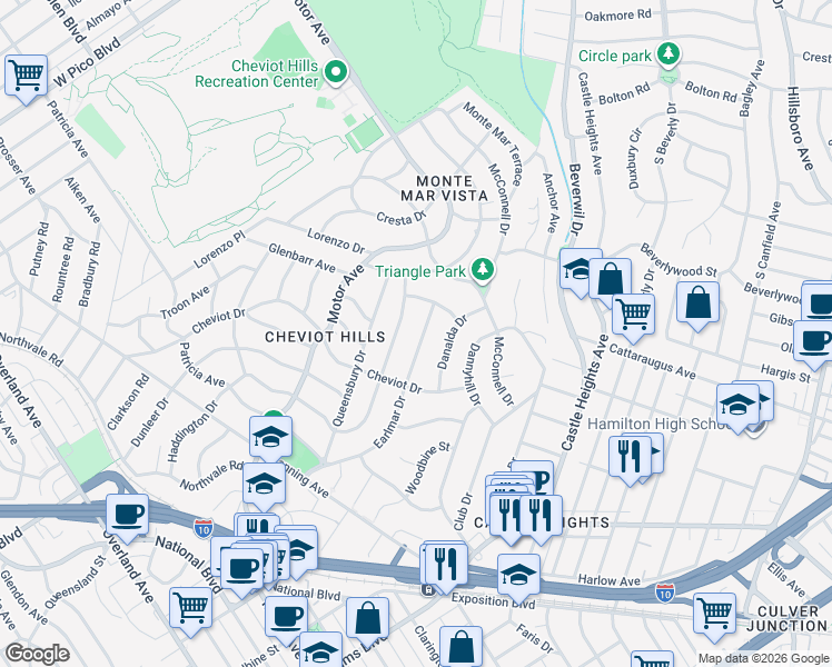 map of restaurants, bars, coffee shops, grocery stores, and more near 3012 Earlmar Drive in Los Angeles