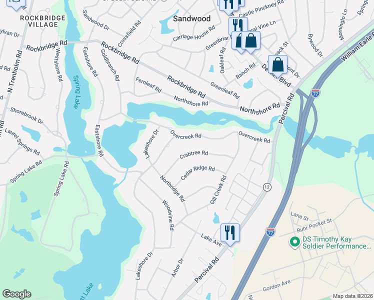 map of restaurants, bars, coffee shops, grocery stores, and more near 3540 Overcreek Road in Columbia
