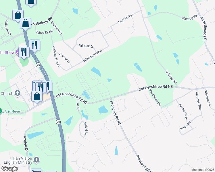 map of restaurants, bars, coffee shops, grocery stores, and more near 1354 Old Peachtree Road Northeast in Lawrenceville