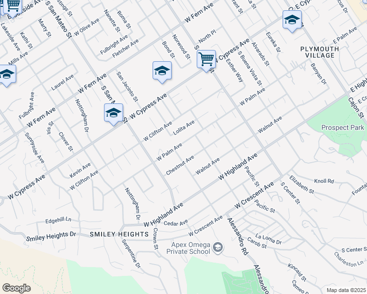 map of restaurants, bars, coffee shops, grocery stores, and more near 0 West Palm Avenue in Redlands