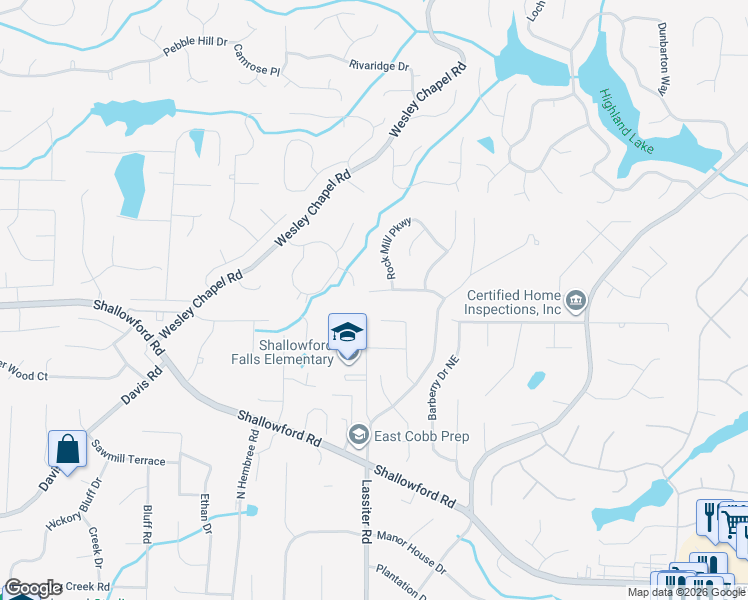 map of restaurants, bars, coffee shops, grocery stores, and more near 3968 Rock Mill Drive in Marietta