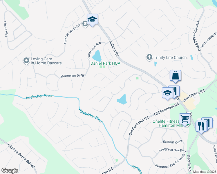 map of restaurants, bars, coffee shops, grocery stores, and more near 2767 High Creek Run in Dacula