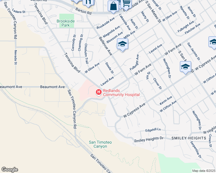 map of restaurants, bars, coffee shops, grocery stores, and more near 1620 Laurel Avenue in Redlands