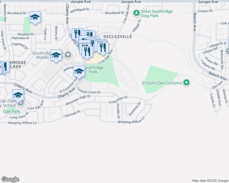 map of restaurants, bars, coffee shops, grocery stores, and more near 14754 Cinnamon Drive in Fontana