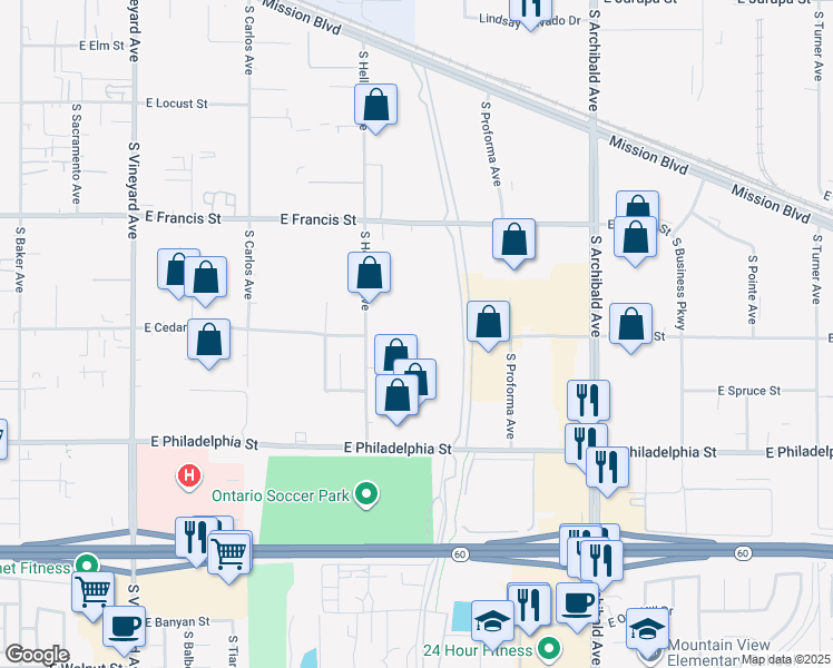 map of restaurants, bars, coffee shops, grocery stores, and more near 2001 South Hellman Avenue in Ontario