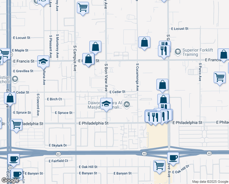 map of restaurants, bars, coffee shops, grocery stores, and more near 901 East Cedar Street in Ontario