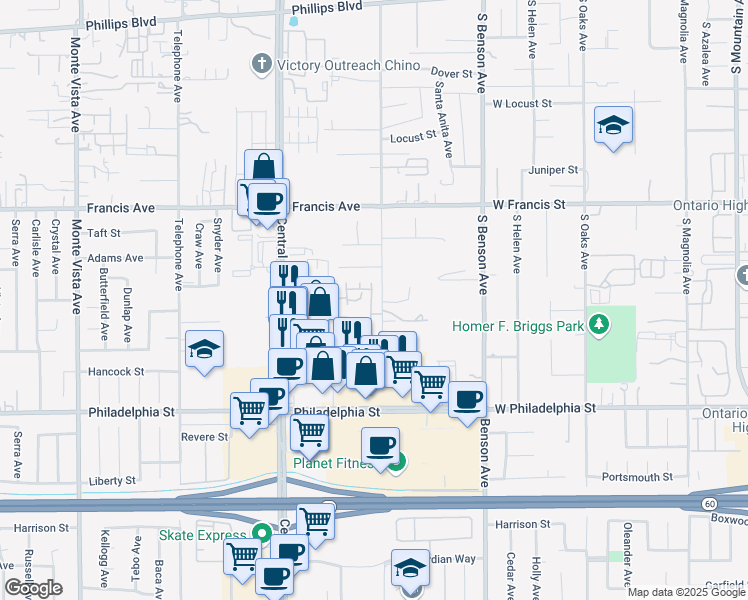 map of restaurants, bars, coffee shops, grocery stores, and more near 11857 Seneca Way in Chino