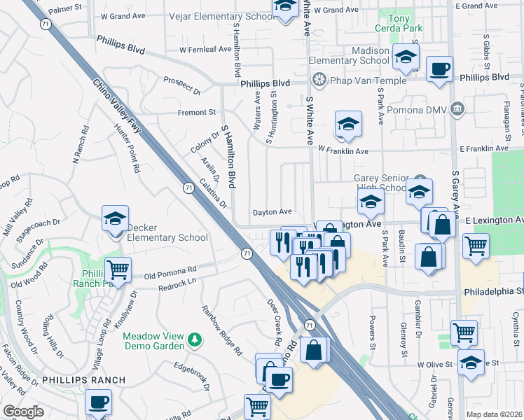 map of restaurants, bars, coffee shops, grocery stores, and more near 1830 Waters Avenue in Pomona