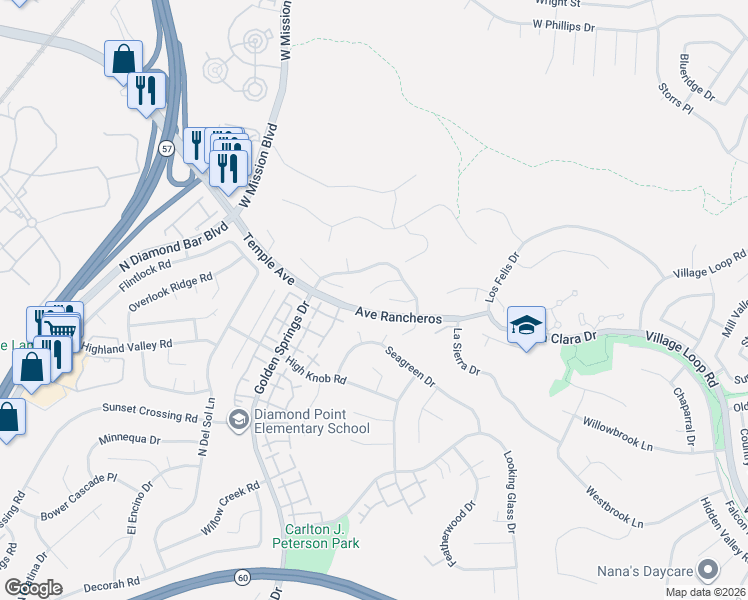 map of restaurants, bars, coffee shops, grocery stores, and more near 10-12 Monte Diablo Lane in Pomona