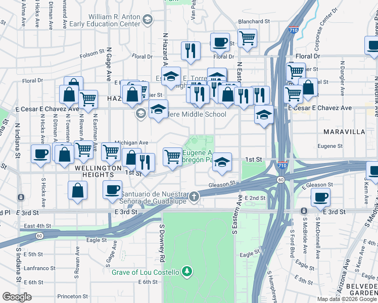 map of restaurants, bars, coffee shops, grocery stores, and more near 282 North Sunol Drive in Los Angeles