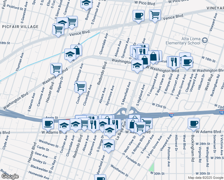 map of restaurants, bars, coffee shops, grocery stores, and more near 2134 South Sycamore Avenue in Los Angeles