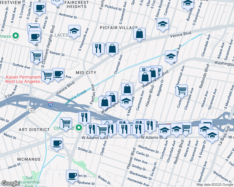 map of restaurants, bars, coffee shops, grocery stores, and more near 2140 Clyde Avenue in Los Angeles
