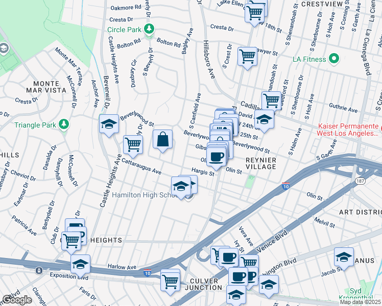 map of restaurants, bars, coffee shops, grocery stores, and more near 2703 South Canfield Avenue in Los Angeles