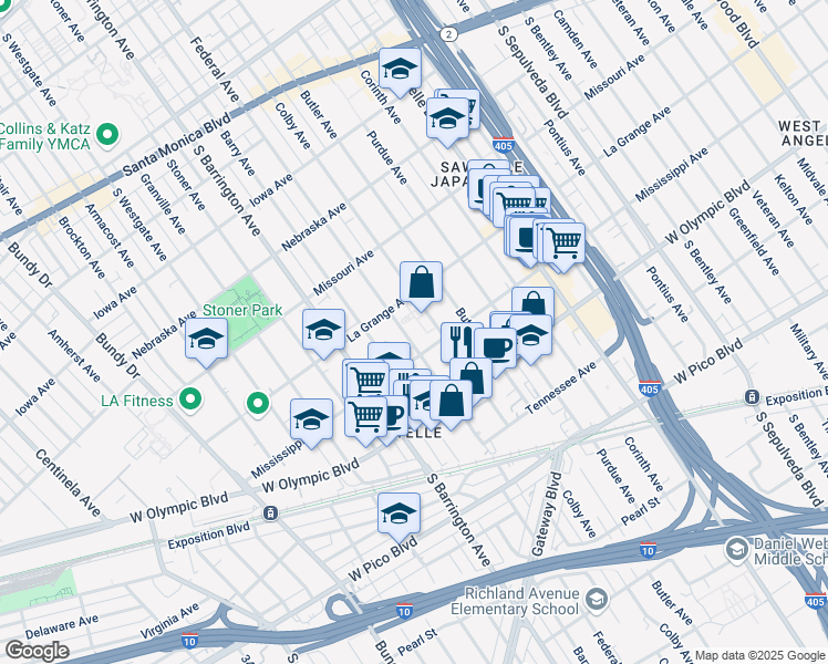 map of restaurants, bars, coffee shops, grocery stores, and more near 2020 Federal Avenue in Los Angeles