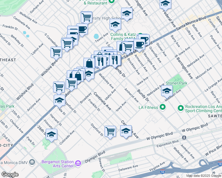map of restaurants, bars, coffee shops, grocery stores, and more near 1529 Wellesley Avenue in Los Angeles