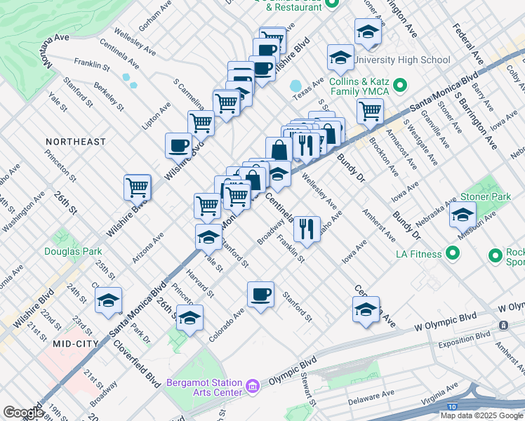 map of restaurants, bars, coffee shops, grocery stores, and more near 1427 Centinela Avenue in Santa Monica