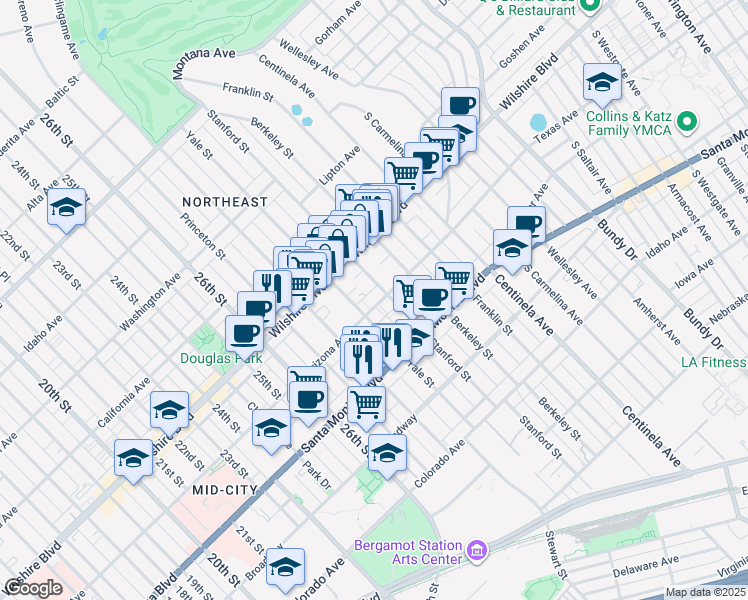 map of restaurants, bars, coffee shops, grocery stores, and more near 1244 Stanford Street in Santa Monica