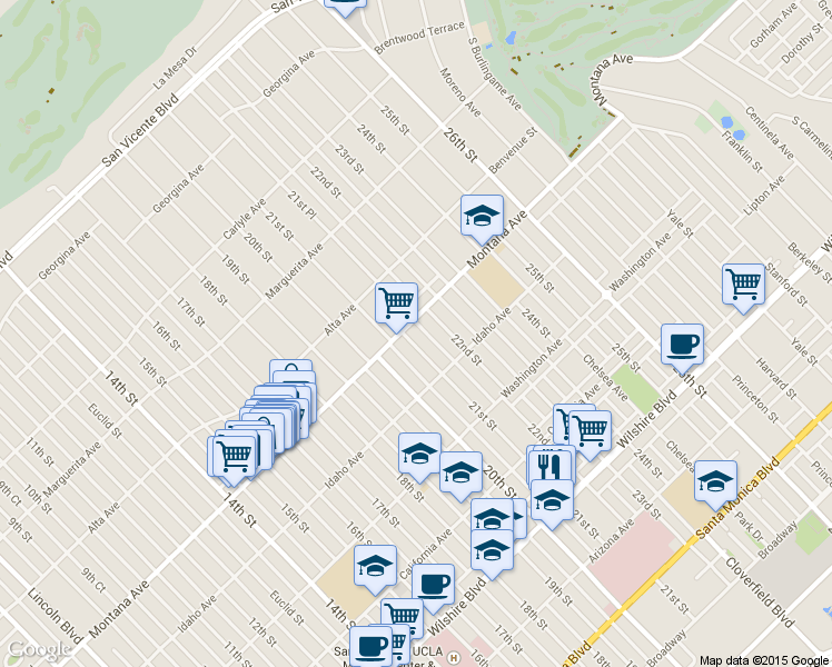 map of restaurants, bars, coffee shops, grocery stores, and more near 2122 Montana Avenue in Santa Monica
