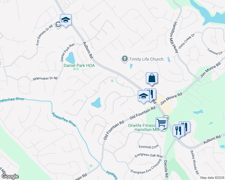 map of restaurants, bars, coffee shops, grocery stores, and more near 1397 Belfaire Lake Tr in Dacula