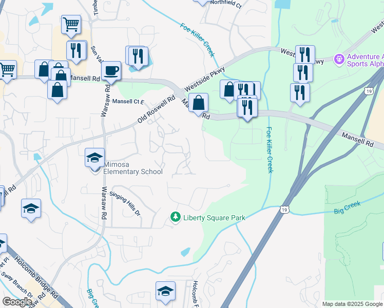 map of restaurants, bars, coffee shops, grocery stores, and more near 401-499 Kingspoint Ln in Roswell