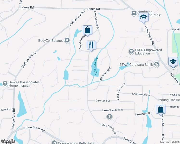 map of restaurants, bars, coffee shops, grocery stores, and more near 1 Meeting Street in Roswell