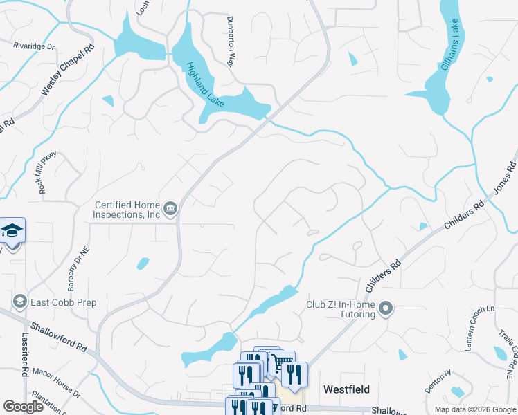 map of restaurants, bars, coffee shops, grocery stores, and more near 4349 North Smoke Ridge Court Northeast in Roswell
