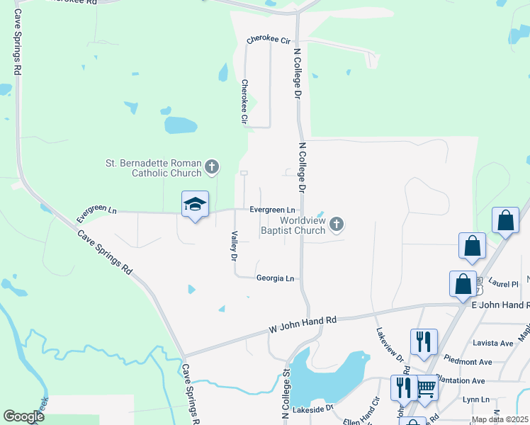 map of restaurants, bars, coffee shops, grocery stores, and more near 44 Evergreen Lane in Cedartown