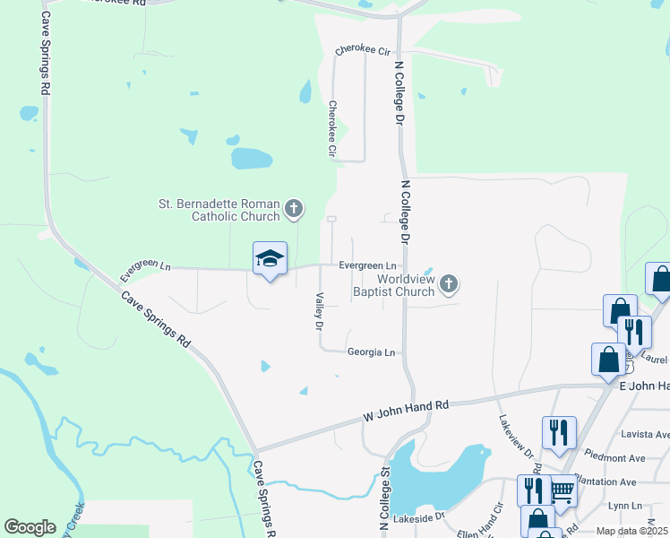 map of restaurants, bars, coffee shops, grocery stores, and more near 106 Evergreen Lane in Cedartown