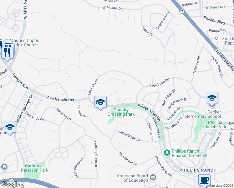 map of restaurants, bars, coffee shops, grocery stores, and more near 46 Calle Del Mar in Pomona