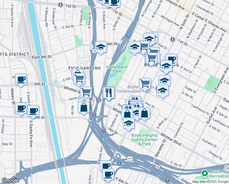 map of restaurants, bars, coffee shops, grocery stores, and more near 705 South Saint Louis Street in Los Angeles